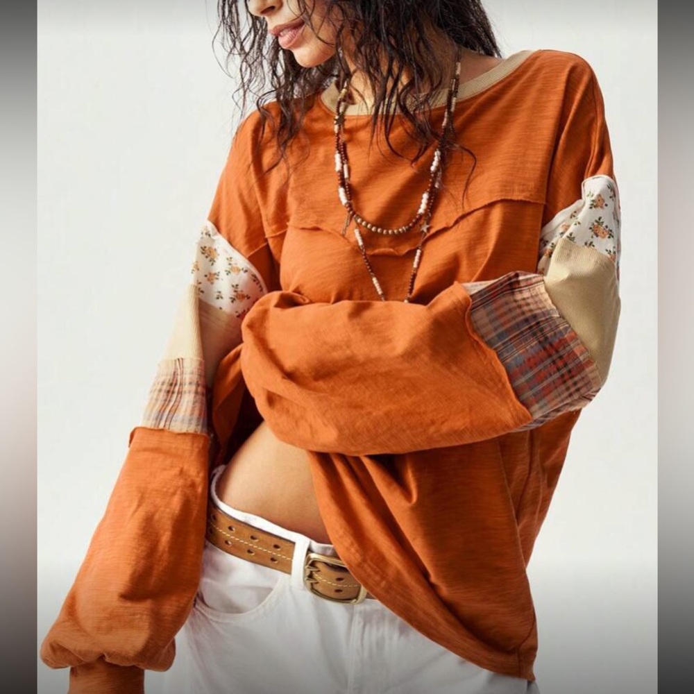 Rust Orange Patchwork Long Sleeve Top - image 1
